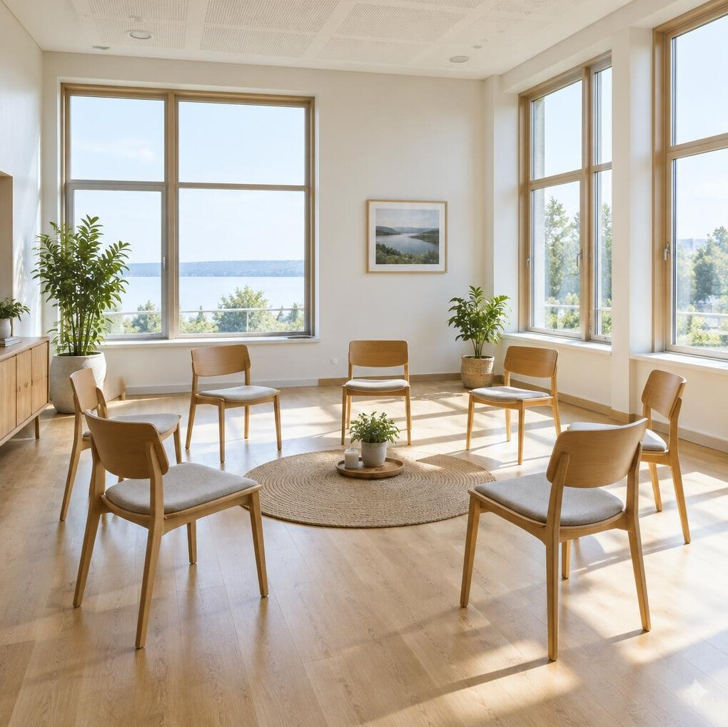 Bright empty meeting room with chairs arranged in a circle