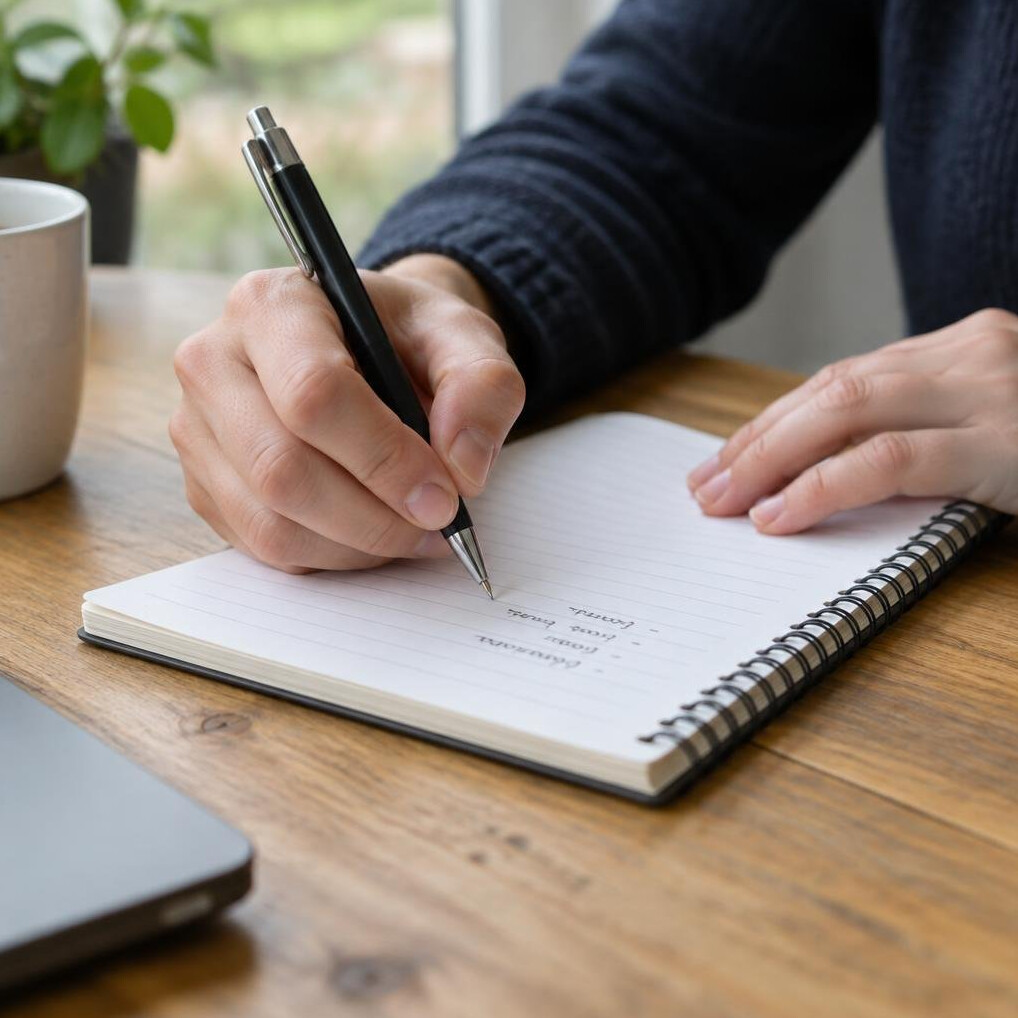Hands holding a pen while taking notes on a notepad