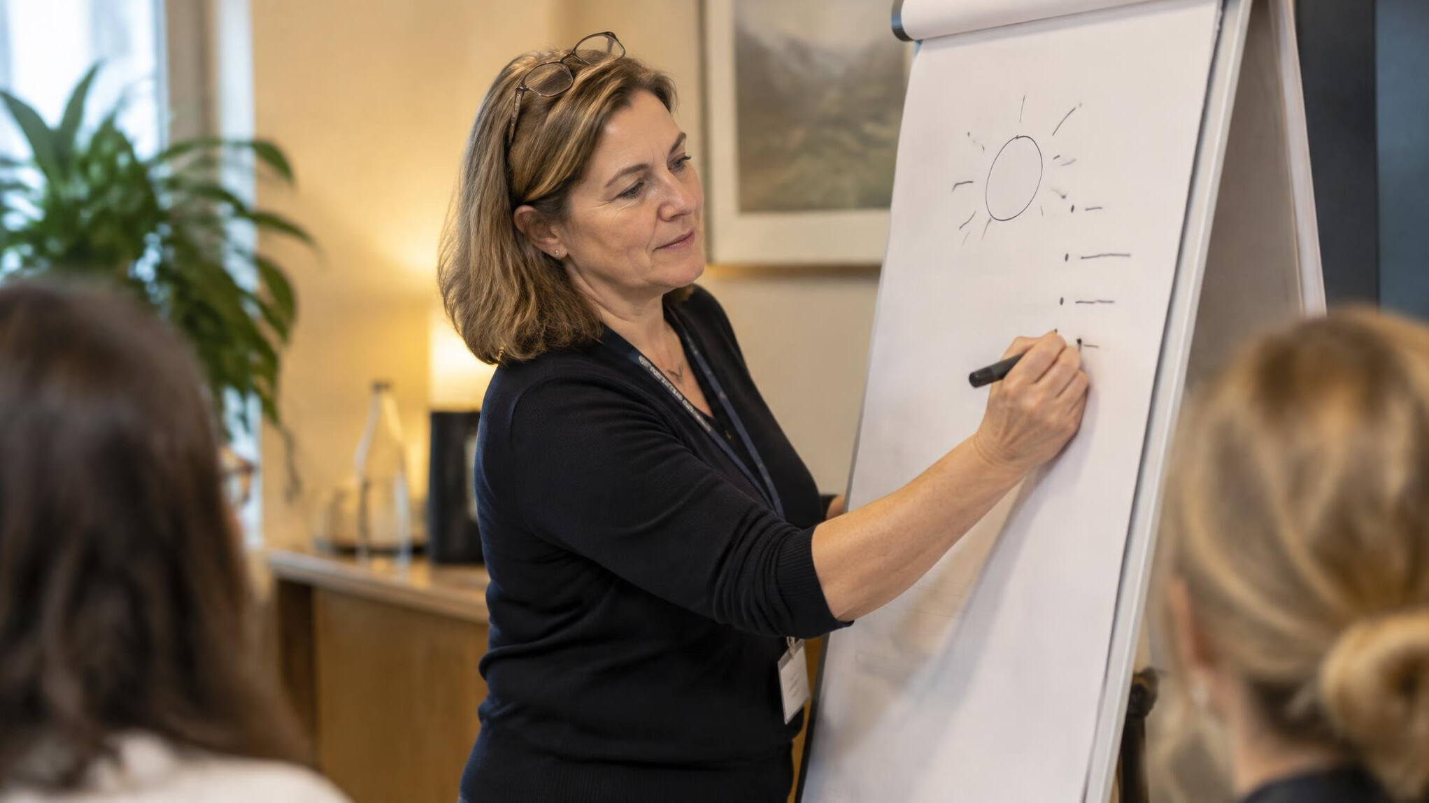 Facilitator writing notes on a flipchart during a workshop