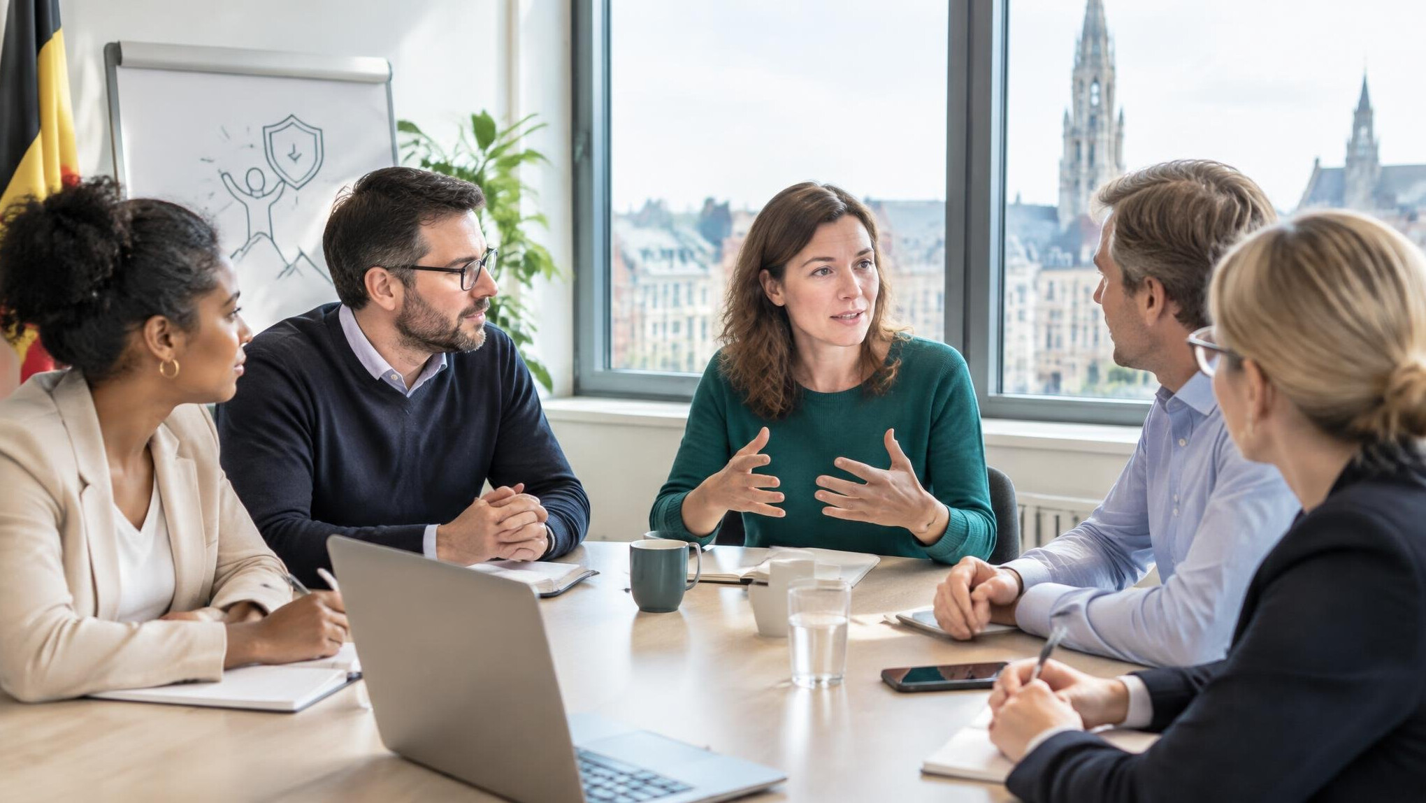 Colleagues talking calmly during a workplace wellbeing meeting