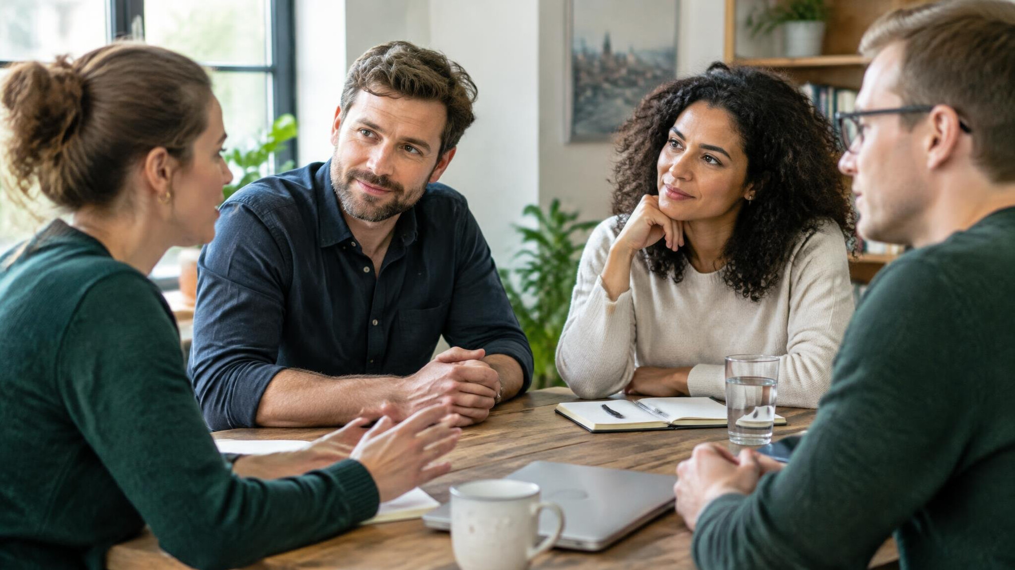 Small group having a supportive conversation around a table